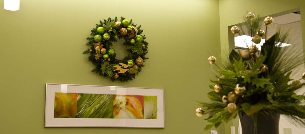 Wreath and counter display match surrounding office design.