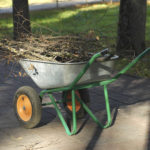 Wheelbarrow loaded with pile of sticks and debris